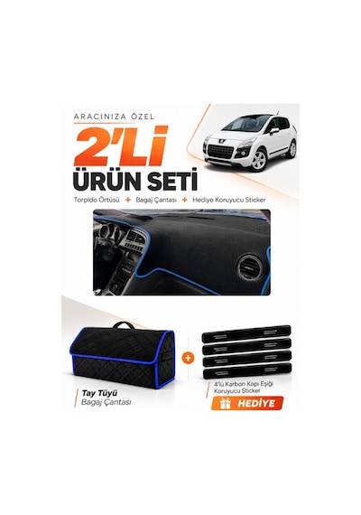 E-biz Peugeot 3008 Ekransız 2010-2015 Uyumlu Torpido Örtüsü + Tay Tüyü Çanta - Siyah-mavi - Pe016