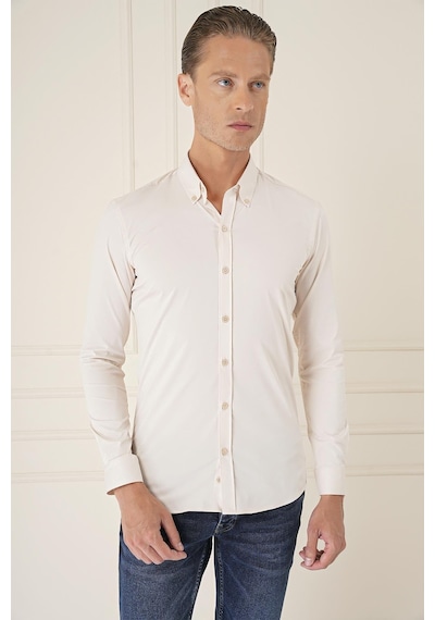 Efor Slim Fit Düğmeli Yaka Esnek Pamuk Klasik Bej Gömlek Gk 727 Bej
