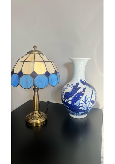 Yüceeller El Yapımı Eskitme Vitray Retro Abajur Masa Lambası Mavi