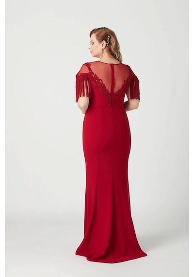 Moda Berray 8009 Işlemeli Püsküllü Büyük Beden Uzun Abiye Kırmızı Kırmızı