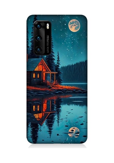 Huawei P40 Uyumlu Ay Ve Ahşap Ev Desenli Silikon Kılıf
