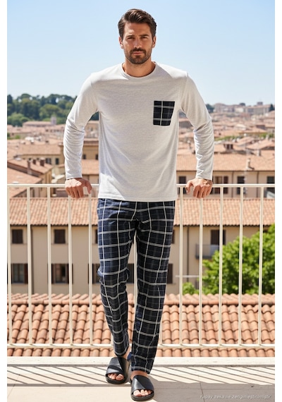 Buratti Ekoseli Cepli Beli Lastikli % 100 Pamuk Regular Fit Erkek Pijama Takımı 6572001 Gri Melanj