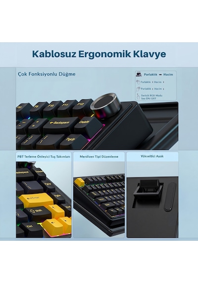 Aula F75 Mekanik Rgb Klavye Tkl Crescent Switch Tri Mode Kablosuz Makrolu Hot Swap Gaming Oyuncu Klavyesi Siyah