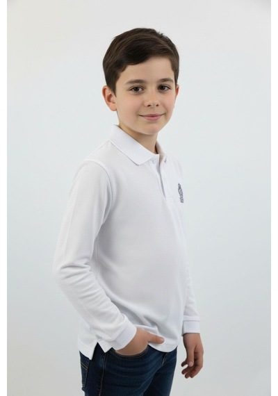 Polo Yaka Basic Erkek Çocuk Sweatshirt-91028 Beyaz