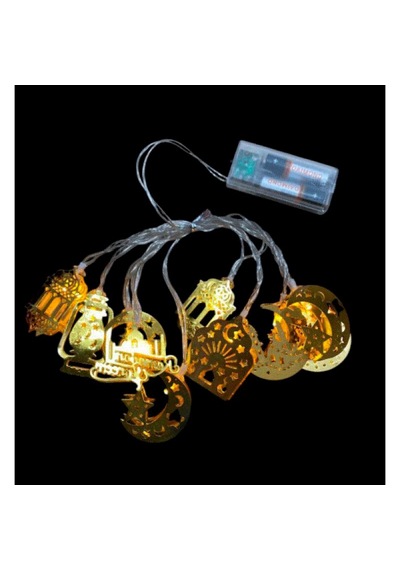 Ramazan Temalı Karışık Figürlü 2 Metre Pilli Gold Metal Dekoratif Led Işık Açık Sarı