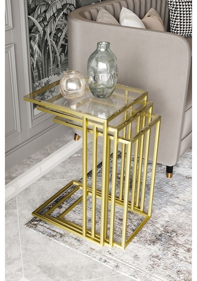 Dekoport Mira 3lü Zigon Sehpa C Sehpa - Yan Sehpa Gold Şeffaf Cam Gold Şeffaf