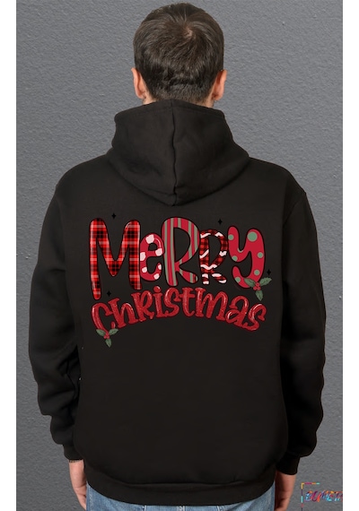 Bumeta Klasik Yılbaşı Merry Christmas Baskılı Sweatshirt Unisex Kapüşonlu Hoodie Siyah