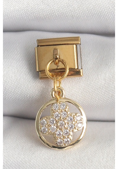 316l Çelik Gold Renk Sallantı Zirkon Taşlı Yonca Model Nomination Charm 5886 Çok Renkli