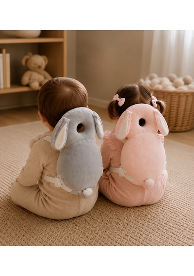 Teknor Bebek Baş Koruma Yastığı Tavşan Modeli ve İlk Adımlar İçin Düşme Önleyici Sırt Koruyucu Gri-pembe