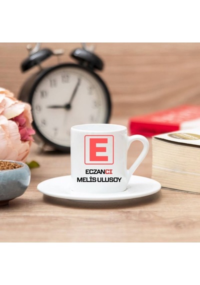 Eczacıya Hediye E Amblemli İsme Özel Kahve Fincanı Tekli Beyaz
