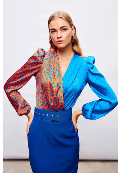 Sateen Kruvaze Desenli Bodysuit - Oranj-sax Mavi