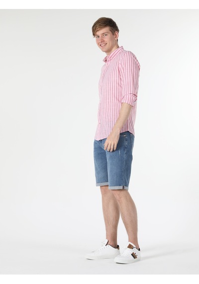 Colin's Slim Fit Çizgili Pembe Erkek Uzun Kol Gömlek CL1057795_Q1.V1_PIN Pembe