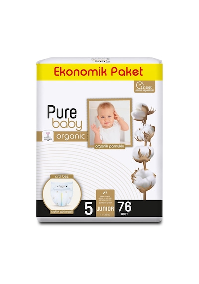Pure Baby Organik Pamuklu Cırtlı Bez Ekonomik Paket 5 Numara Junior 76 Adet