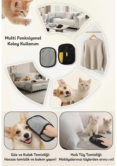Evcil Hayvan Tüy Toplama Eldiveni - Kedi Köpek Tüy Temizleme Aparatı - Yıkanabilir Pratik Yüzey Temizleyici