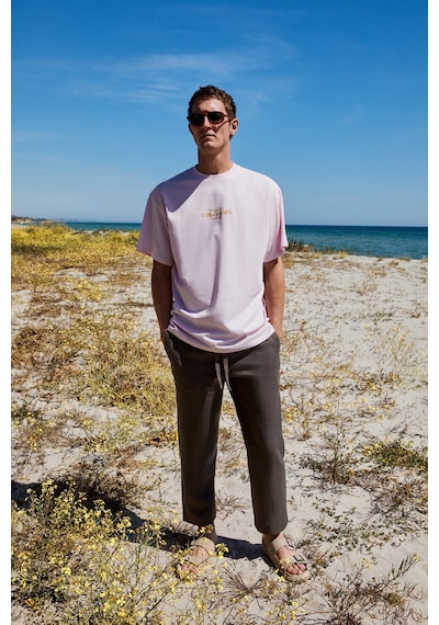 Grımelange Copacabana Erkek Ön Arka Çatlayan Baskı Detaylı %100 Organik Pamuk Oversize Kısa Kollu Pembe T-shirt