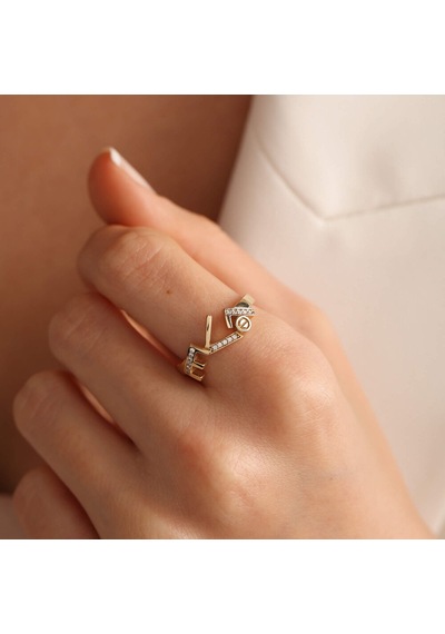 14 Ayar Altın Love Tasarım Yüzük T12579 Renkli
