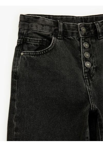 Koton Pamuklu Düğme Detaylı Beli Ayarlanabilir Lastikli Geniş Paça Denim Pantolon Siyah 7wkg40002ad
