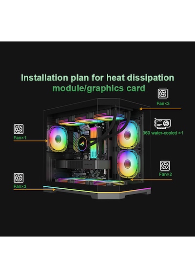 Atheron Lion Panoramik Siyah Gaming Kasa 6x120mm Argb Fanlı 360mm Sıvı Soğutma Destekli Temperli Cam