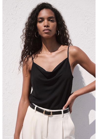 Sateen Askılı Degaje Yaka Bluz - Siyah-137661