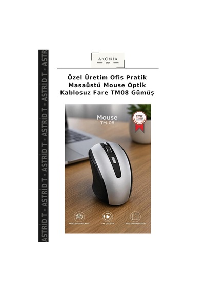 Özel Üretim Ofis Pratik Masaüstü Mouse Optik Kablosuz Fare Tm08 Gümüş