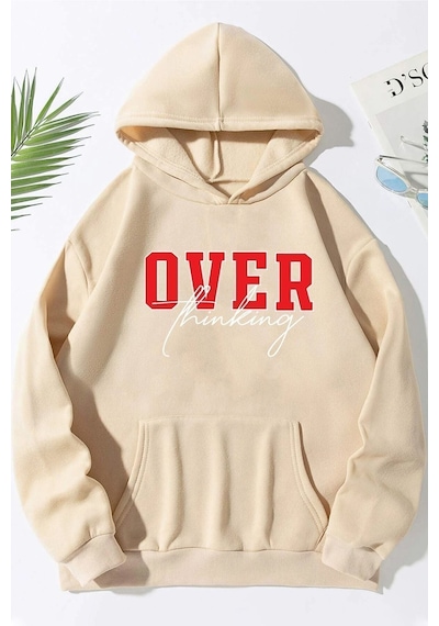 Uyguntarz Unisex Over Thinking Baskılı Sweatshirt Bej