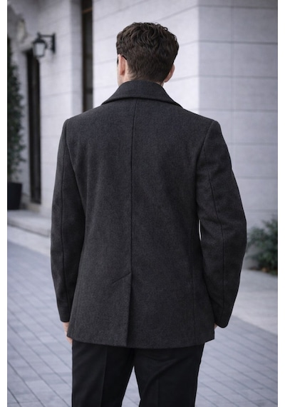 Erkek Casual Kruvaze Midi Boy Kaşe Kaban - Modern Kesim Füme Kaşe