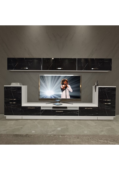 Decoraktiv Trendstyle 9 Mdf Tv Ünitesi Tv Sehpası Beyaz - Siyah Mermer