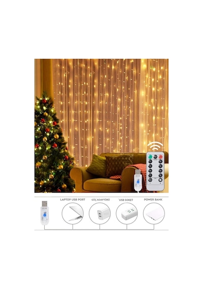 Trendpoint Peri Telli Perde Led Işık Kumandalı 300 Ledli  3 x 3 metre Usb'li 8 Animasyonlu Günışığı