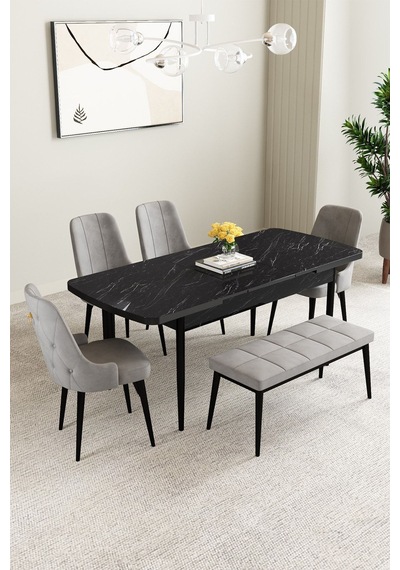 Mabel Siyah Mermer Desen 80x132 Açılabilir Yemek Odası Takımı 4 Sandalye, 1 Bench Gri Mabel Siyah Mermer Desen 80x132 Açılabilir Yemek Odası Takımı 4 Sandalye, 1 Bench Gri