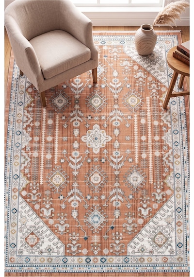 Bohem Tarz Madalyon Desenli Kiremit Rengi Vintage Salon Ve Oturma Odası Halısı Turuncu
