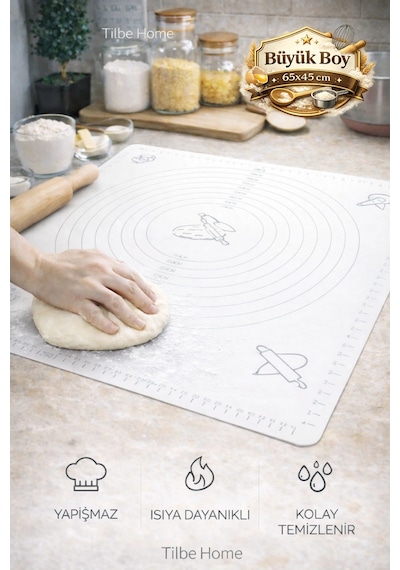 Tilbe Home Silikon Hamur Açma Yoğurma Matı Fırın Altlığı Ölçekli Mat Büyük Boy Beyaz 65x45cm
