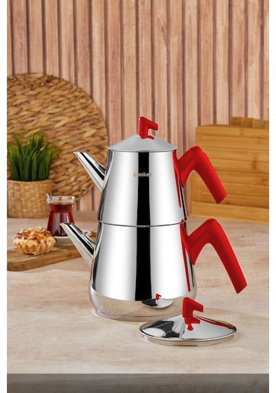 Cooker Bumerang Aile Boy Paslanmaz Çelik Çaydanlık Takımı 1,4-2,7 Litre Ckr2790 Kırmızı