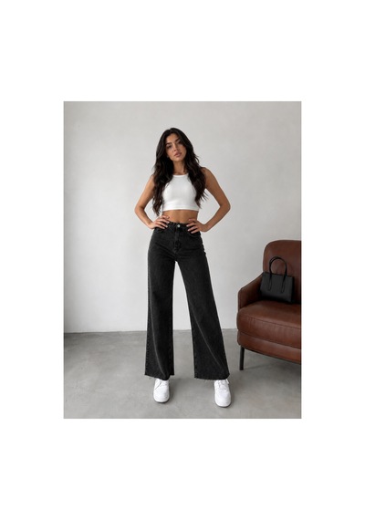 Kene Jeans Siyah Paça Kesik Yüksek Bel Boru Paça Kot/denim Jeans Pantolon Siyah