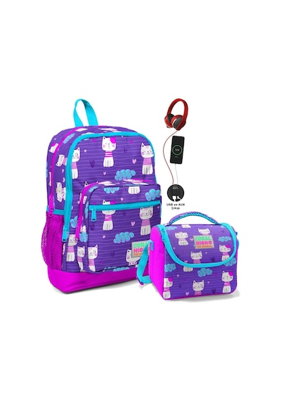 Coral High Kız Çocuk İlkokul Okul Çantası Seti Pembe Mor Kedi