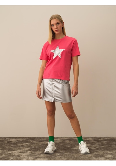 Xint Pembe Oversize Bisiklet Yaka Pamuk Tişört 602325