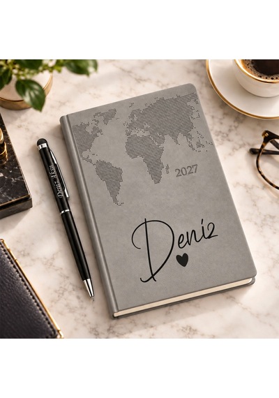 Bk Gift Kişiye Özel 378 Termo Deri Tarihli Ajanda & Siyah Touch Pen Tükenmez Kalem-12 Gri