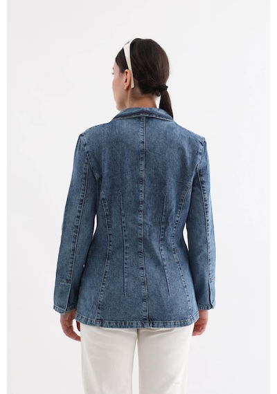 Banny Jeans Kadın Uzun Kollu Tek Düğmeli Jean Ceket Mavi Mavi Xl
