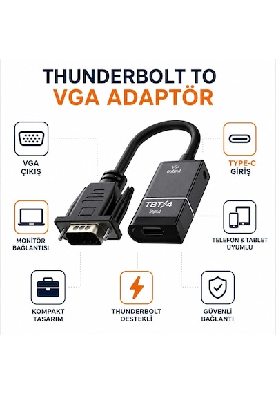 Usb Type-c Thunderbolt To Vga Adaptör Görüntü Aktarım Dönüştürücü Vc-01