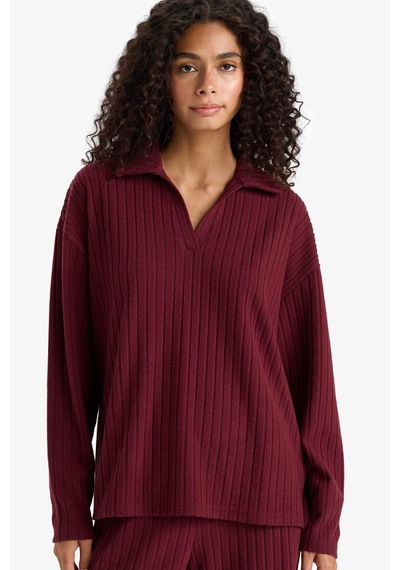 Defacto Relax Fit Polo Yaka Fitilli Kaşkorse Uzun Kollu Tişört F1007ax25aubr115 Bordo