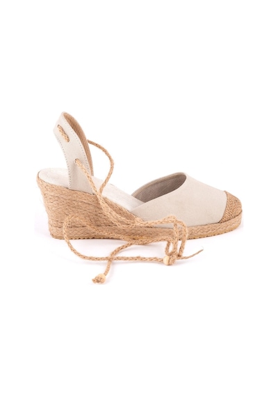 Star Tombis Gerçek Elişi Bilekten Bağcıklı Topuğu Açık Dolgu Topuk Keten Hasır Kadın Espadril Handmade Bej