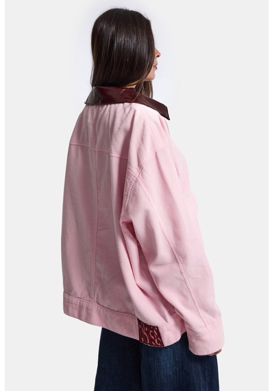 Kadın 6w6-98 Oversize Velvet Kadife Kumaş Deri Detaylı Tasarım Ceket Pembe