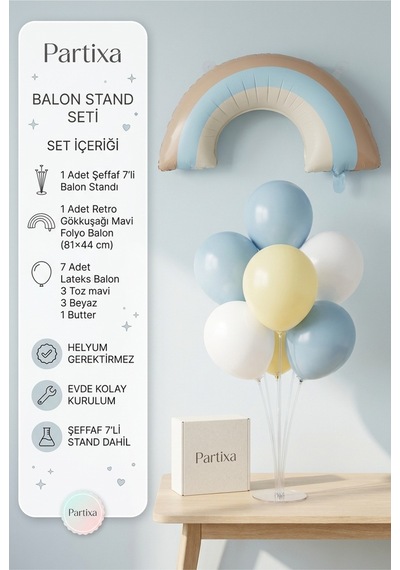 Retro Gökkuşağı Mavi Balon Stand Seti Şeffaf 7 Li Stand + Retro Gökkuşağı Mavi Folyo Balon 81 44 Cm + 7 Lateks Balon