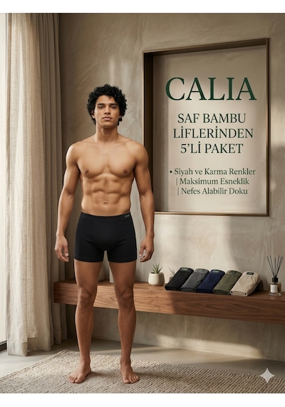 Qulat Calia 5'li Paket Erkek Bambu Boxer - Esnek Ve Nefes Alabilir Rahat Kalıp Karma Renk Seti Siyah