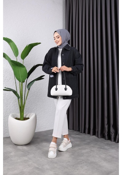 Harman Butik Kadın Cepli Düğmeli Kot Ceket Siyah Siyah