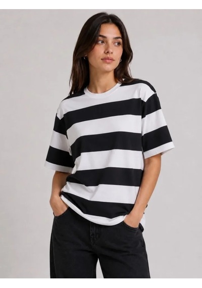 Hazego Çizgili Oversize Tişört Bisiklet Yaka Kısa Kol Yazlık T-shirt - Siyah