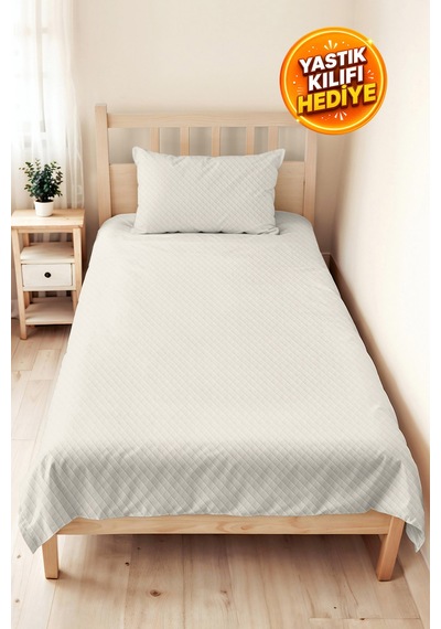 Ekru Minimal Genç Odası Tek Kişilik Pike Takımı - Kapitone Modern Krem 160x220 Cm Yatak Örtüsü Sabahçı Masal Perdesi