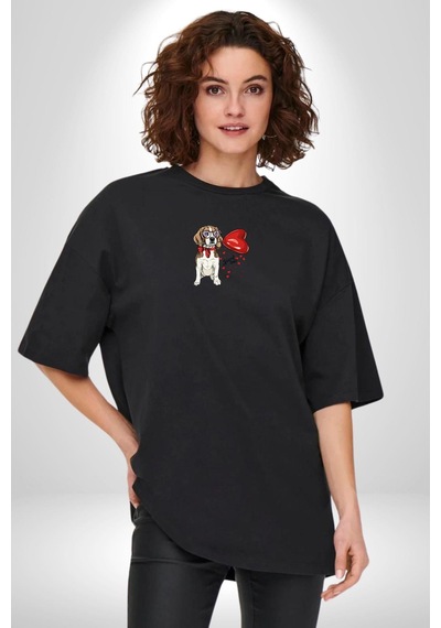 Poodle Ve Beagle Sevililer Günü Hediyesi Siyah Oversize Unisex Ön Orta Minimal Baskılı Tişört Siyah