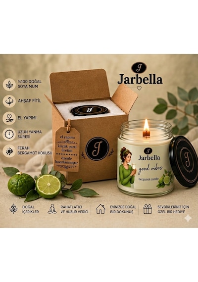 Jarbella %100 Doğal Soya Mum 220gr El Yapımı Ahşap Fitil Bergamot Kokulu Ev Ve Hediye İçin İdeal 001 - Beyaz