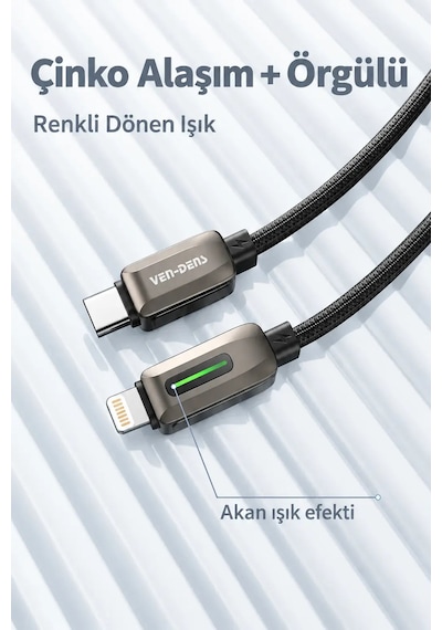 Ven-dens Vd-dc14cl 27 W Pd Type-c To Lightning Hızlı Şarj Ve Veri Kablosu, 1 Metre, Naylon, Siyah