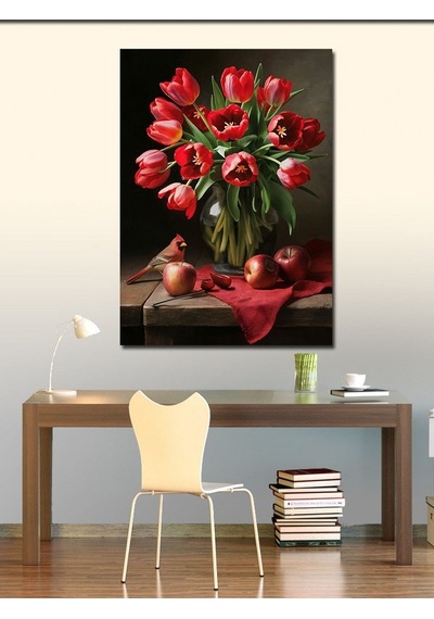 Kanvas Tablo Kırmızı Kuş Ve Çiçekler 50cmx70cm